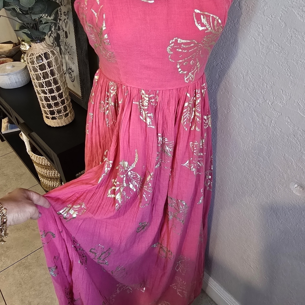Free People Dress Baja Babe Midi Pink Metallic Floral Strapless Back Tie M - Picture 4 of 9